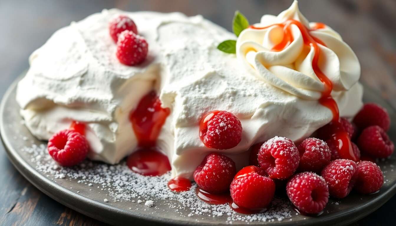 Douceur rosée : pavlova aux litchis et coulis de framboises